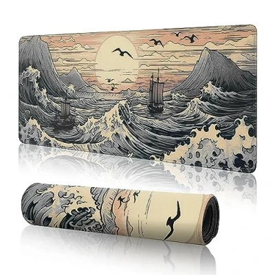Image of Japanese Waves Gaming Mouse Pad Large Desk Mat,Anime Keyboard Pad,31.5 x 11.8 Extended Mousepad XL Anime Pads for Mat with Non Slip Base and Stitched Edge
