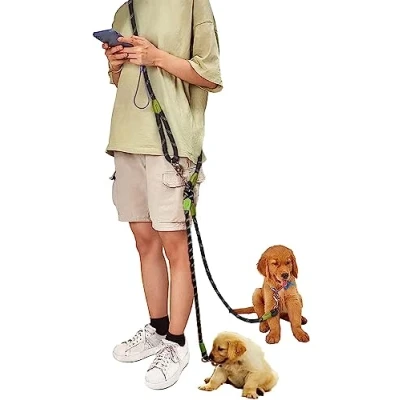 Image of Hands Free double ended lead for Dogs 7.5ft Rope Dog Two Reflective Large Medium Small Walking, Jogging and Running Black