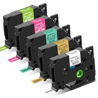 Image of Aken 5 x Coloured Label Compatible with Brother 12mm P Touch Maker 1000 H100R H110 D210 D400, Black on White/Turquoise Blue/Matt Gold, White Lgiht Green/BerryPink