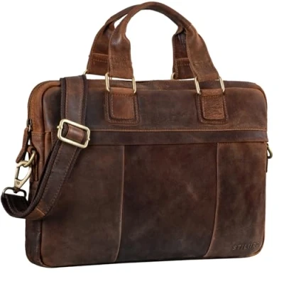 Image of STILORD &#039;Andrew&#039; Vintage Business Leather Bag Classic Briefcase for Men Women 13,3 Inch Laptop in Genuine Trolley Attachable, Colour:Kansas Brown
