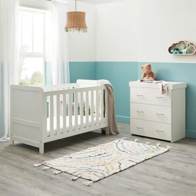 Image of Babymore Caro 2 Piece Nursery Room Set White Wash 1 Baby Cot Bed &amp; Chest Changer With 3 Double Handle Drawers, Wooden Of Drawer Storage Cabinet Furniture