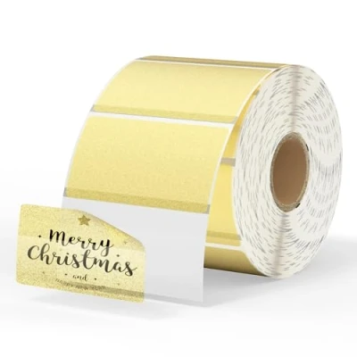 Image of MUNBYN 57mmx32mm Gold Transparent Thermal Sticker Labels, Self Adhesive Rectangle Fine Glitter Multi Purpose for DIY Logo Design, QR Code, Name Tag, Inventory 500 Labels/1 Roll