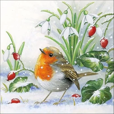 Image of 20 napkins sweet bird in the snow as a winter table decoration for animal lovers 33 x cm