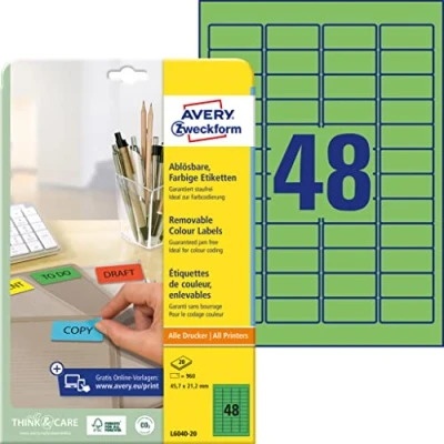 Image of Avery L6040 20 Removable Mini Labels (45.7 x 21.2 mm Labels, 48 per A4 Sheet, Sheets) for all printers Green