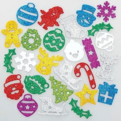 Image of Baker Ross FC245 Christmas Glitter Foam Stickers Pack of 100, Kids Stickers, Ideal for Children&#039;s Arts and Crafts Projects, Great Card Making Scrapbooking