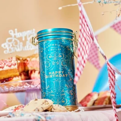 Image of Cartwright &amp; Butler Happy Birthday Musical Tin Chocolate Chunks Biscuits