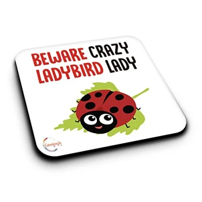 Image of ER451 Beware Crazy Ladybird Lady Novelty Present Gift Printed MDF Wooden Coaster