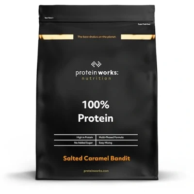Image of Protein Works 100% Powder, 100 Servings, Quad Blend, Low Calorie, Fat Shake, Phased Release, Salted Caramel Bandit, 2.5kg