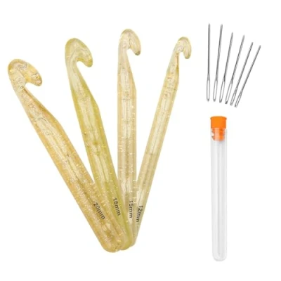 Image of 0XBIT Crochet Needle, 4 Pieces Large Size Hook Set, Crystal Hooks, Sizes 12 mm, 15 18 20 with Chunky Suitable for Knitting