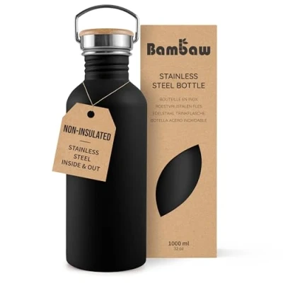 Image of Bambaw Stainless Steel Water Bottle 1l, Black Bottle, Non Insulated Metal BPA Free Leakproof Reusable Jet