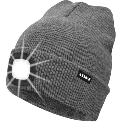 Image of ATNKE LED Lighted Beanie Cap,USB Rechargeable Running Hat Ultra Bright 4 Waterproof Light Winter Warm Gifts for Men and Women/Grey