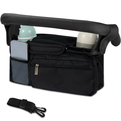 Image of Baby Stroller Organizer with 2 Cup Holder Waterproof Oxford Pram Caddy Bag Detachable Phone Pocket Adjustable Shoulder Strap Pushchair Organiser Portable for Travel Accessories(Black)