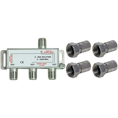 Image of K M Electronics® TV Aerial Virgin Satellite Sky 3 Way Digital Splitter + 4 X F Plugs