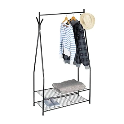Image of Relaxdays Clothes Stand with Shoe Rack SANDRA, Metal, Wide, Wardrobe Storage Unit Garment Rail, 2 Shelves also for Boots, Size: 162 x 90 40 cm, Off White