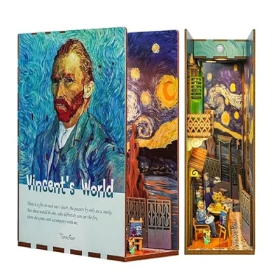 Image of Tonecheer DIY Book Nook Kit Wooden Model 3D Puzzle for Adults to Build Miniature House Craft Booknooks Kits with Light Shelf Decor Christmas Birthday Gifts(Vincent&#039;s World)