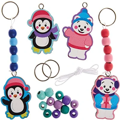 Image of Baker Ross FX352 Penguin and Polar Bear Wooden Keyring Kits Pack of 4, Wood Craft for Kids Christmas Filler Party, Arts Crafts