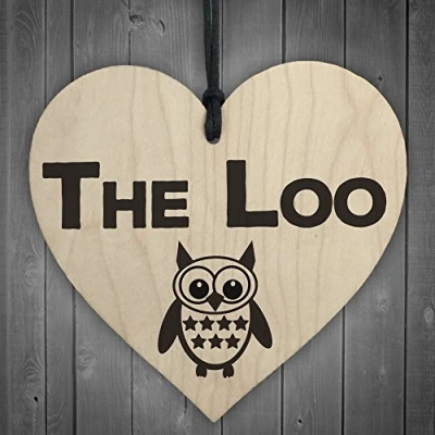 Image of RED OCEAN The Loo Wooden Hanging Heart Owl Plaque Toilet Door Sign Shabby Chic Bathroom