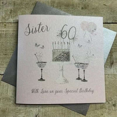 Image of Happy 60th Birthday Card Sister Champagne Glasses Pink Roses by White Cotton Cards SS42 S60,16cm x 16cm