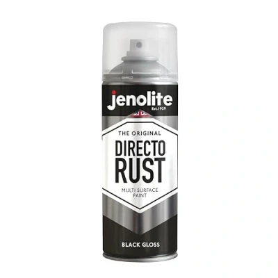 Image of JENOLITE Directorust Gloss Spray Paint BLACK 400ml Direct To Rust For Metal Multi Surface Wood, Metal, Plastic, Ceramic RAL 9005