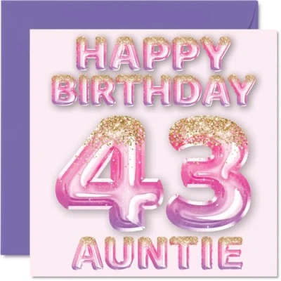 Image of 43rd Birthday Card for Auntie Pink &amp; Purple Glitter Balloons Happy Cards 43 Year Old Aunt Aunty from Nephew Niece, 145mm x Bday Greeting Gift