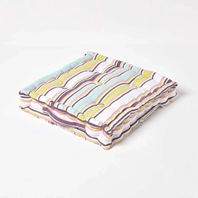 Image of HOMESCAPES Osaka Multi Stripes Floor Cushion 100% Cotton 40 x 8 cm Square Indoor Garden Dining chair booster Seat Pad