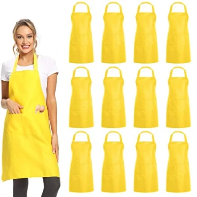 Image of DUSKCOVE 12 Pack Plain Bib Aprons with 2 Pockets Yellow Unisex Commercial Apron Bulk for Kitchen Cooking Restaurant BBQ Painting Crafting