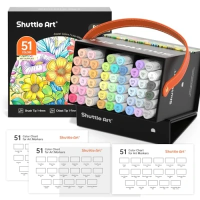 Image of Shuttle Art Brush Pens, 50 Pastel Colours Dual Tip Alcohol Markers Set, &amp; Chisel with 1 Blender Permanent Marker Pens Case for Illustration Colouring Sketching