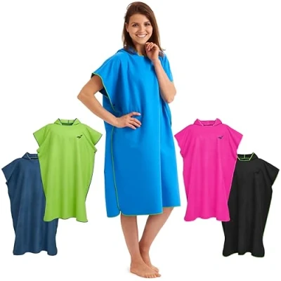 Image of Fit Flip Changing Robe Towel Poncho Adult Microfibre Swim and Surf Quick Dry Hooded for Men Women size L, Blue Green