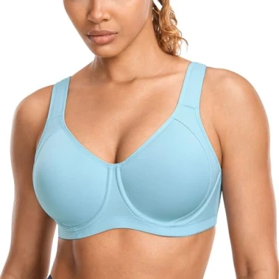 Image of SYROKAN Women&#039;s Sports Bra High Impact Underwire Support Full Coverage Plus Size Molded Fitness Workout Bras Light Blue 13 34C