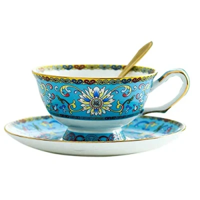 Image of YBK Tech Cup&amp; Saucer Set Bone China Tea Coffee Cup for Breakfast Afternoon Classic Enamel Patterns (Blue)