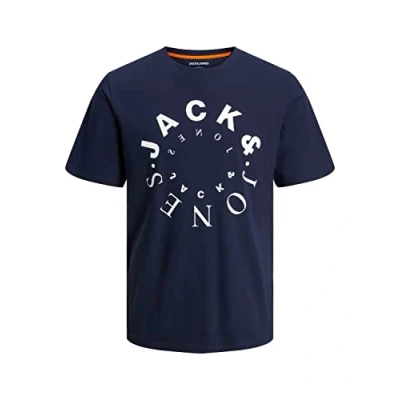 Image of JACK &amp; JONES Men&#039;s Jjwarrior Tee SS Crew Neck T Shirt, Navy Blazer/Print: Big, S