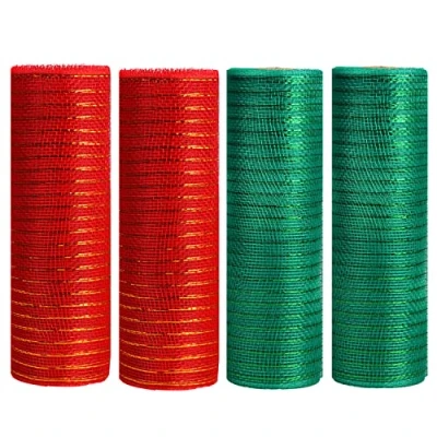 Image of Lezevn 4 Rolls 10 Inch x Yards Christmas Poly Mesh Ribbon Deco Metallic Foil for Wreaths Making Gift Wrapping (Red,Green)