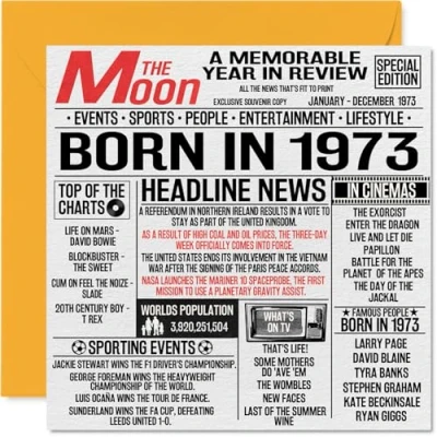Image of 51st Birthday Cards for Men Women Born In 1973 Newspaper Happy 51 Card Mum Dad Uncle Aunt Vintage Retro Back 1973, 145mm x Fifty One First Bday Greeting