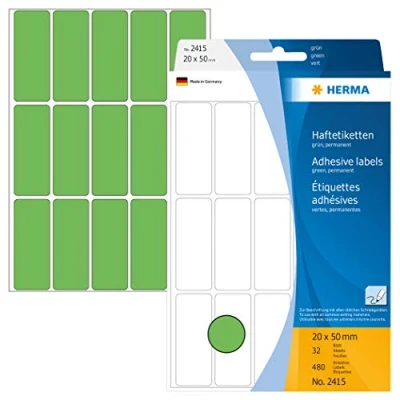 Image of HERMA Multi Purpose Labels, 15 Labels per Sheet, 32 Sheets, 20 x 50 mm, 480 Self Adhesive Small Stickers, Blank Sticky for Office Kitchen Home, Green