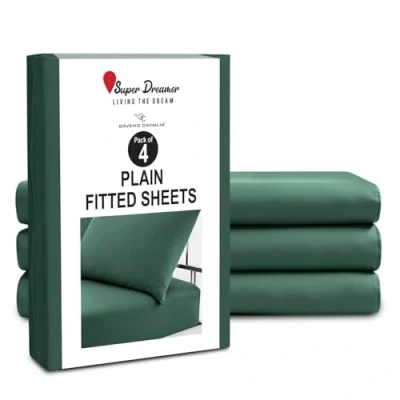 Image of Microfiber Fitted Sheet King Size 4 Pack Plain Bed Sheets Deep Pocket 10 inch (25cm) Shrinkage, Fade &amp; Wrinkle Resistant Bottom Washable, Fit to Mattress (152x203 cm) Dark Green