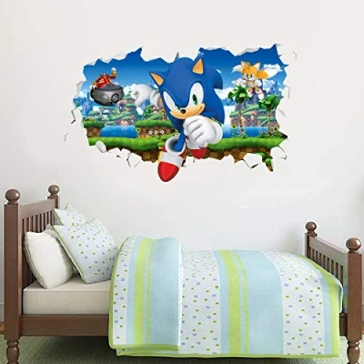 Image of Beautiful Game Sonic The Hedgehog Wall Sticker Doctor Eggman Chasing and Tails Smashed Vinyl Art Decal (60cm w x 35cm h)