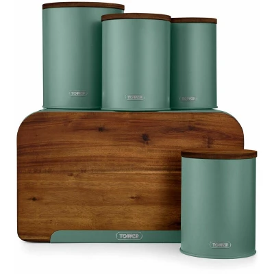 Image of Tower T826140JDE Scandi 5 Piece Acacia Wood Storage Set with Bread Bin, Biscuit Barrel, Canisters, Jade