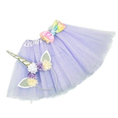 Image of Nishine Tutu Skirt Dress + Unicorn Horn Headband Set Kids Birthday Photo Props Outfit Lavender