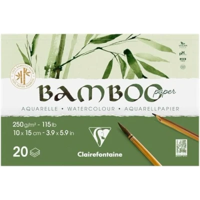 Image of Clairefontaine 975911C Bamboo Glued Pad 2 Sides 20 Sheets 100% Natural White Watercolor Paper Vegan Finely Marked Grain Professional Quality 10x15 cm 250g