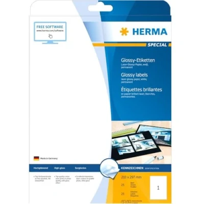 Image of HERMA Self Adhesive High Gloss Labels, 1 Label per A4 Sheet, 25 Sheets, 210 x 297 mm, Blank Photo Quality Labels Stickers, Sticky for Laser Printer, White