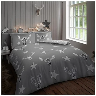 Image of GC GAVENO CAVAILIA Stag Bedding Set, Printed Star Duvet Cover King Size, Easycare Animal Quilt With Pillowcases, Grey