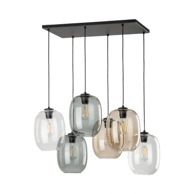 Image of TK Lighting Elio pendant light, glass, brown/clear/grey, 6 bulb rectangular