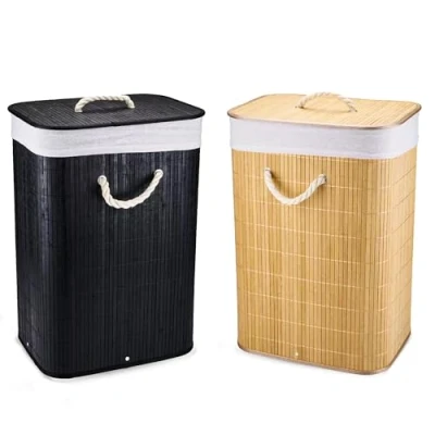 Image of Faboer Natural Bamboo Laundry Basket with Lid Foldable Washing Hamper Bin Removable Liner Bedroom Bathroom Dirty Clothes Storage Handles (Natural)