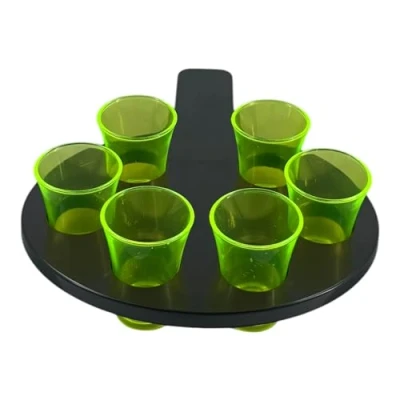 Image of Chabrias Ltd 6 Hole Shot Glass Holder with Glasses Black Plastic Handle Bar Restaurant Paddle Drinks (Yellow)