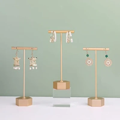 Image of GemeShou Gold Metal 3pcs Earring T Stand Jewelry display for Show, Retail Bar Organizer, Photography show【Gold Hexagon Base Same Height 13.5cm】