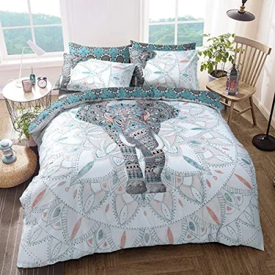 Image of Sleepdown Elephant Mandala Teal Bed Reversable Quilt Duvet Cover Set Easy Care Anti Allergic Soft and Smooth with Pillow Cases Super King,