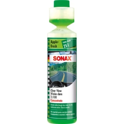 Image of SONAX clear VIEW 1:100 CONCENTRATE APPLE FRESH (250 ml) Greater safety through vision. For the windscreen washer. Cleans in seconds. Item No. 03721410 544