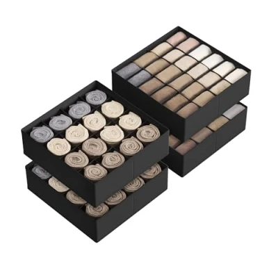 Image of SONGMICS Set of 4 Drawer Organisers, 80 Compartments (2x16+2x24), Foldable Closet Organiser, 30 x 10 cm, Boxes for Socks, Underwear, Belts, Ink Black RUS011B01