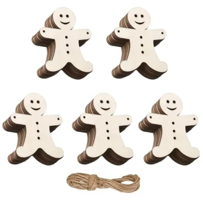 Image of 50 Pieces Christmas Wooden Baubles Jingerbread Man Shape Wood Slices Disc Hanging Ornaments for DIY Crafts Tree Decoration
