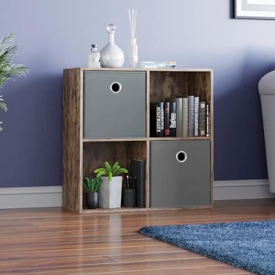 Image of Vida Designs Durham Cube Bookcase Storage Organiser Living Room Bookshelf Home Office Furniture (4 &amp; 2 Grey Baskets, Dark Wood)